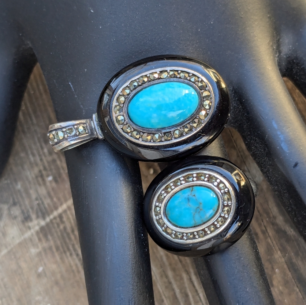 Turquoise and Marcasite Cocktail Ring Pendant Set - Picture 4 of 9